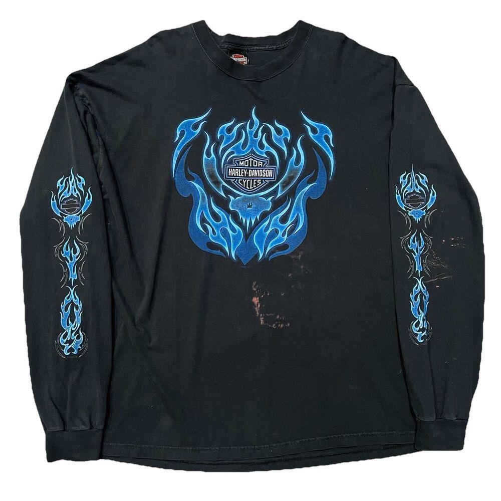 Vintage Harley Davidson Blue Flame Long Sleeve Shirt Size 3XL